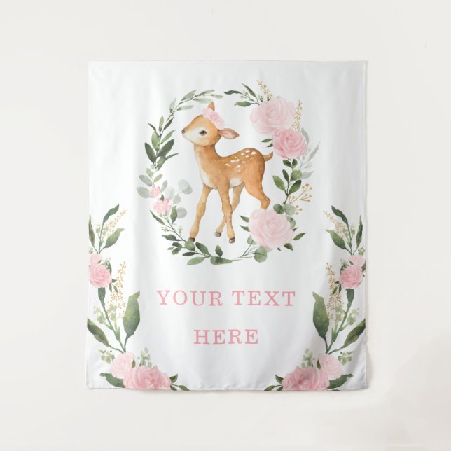 Chic Pink Floral Woodland Deer Girl Baby Backdrop Tapestry (Front)