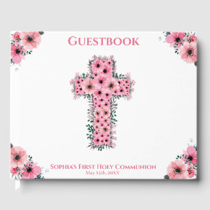 Chic Pink Flower Cross First Holy Communion Girl Guest Book