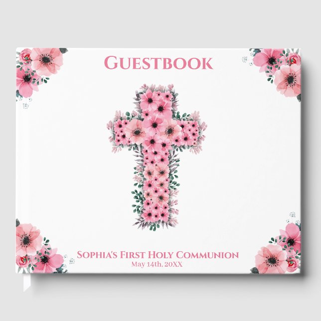 Chic Pink Flower Cross First Holy Communion Girl Guest Book (Front)