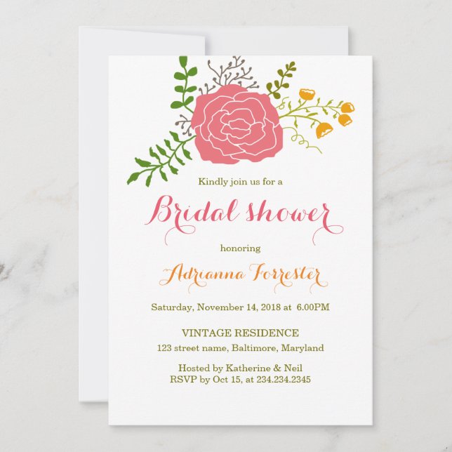 Chic Pink Flower Green Leaves Bridal Shower Invitation (Front)