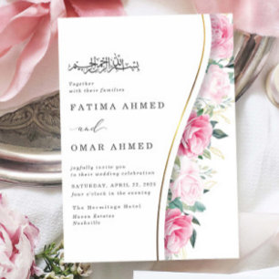 Chic Pink Flowers Foliage Islamic Muslim Wedding Invitation