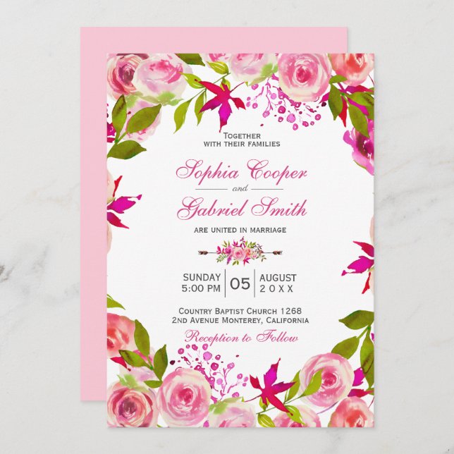 Chic Pink Fuchsia Rose Botanical Floral Wedding Invitation (Front/Back)