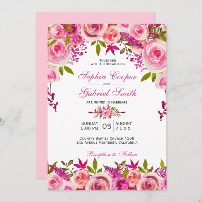 Chic Pink Fuchsia Rose Botanical Floral Wedding Invitation (Front/Back)