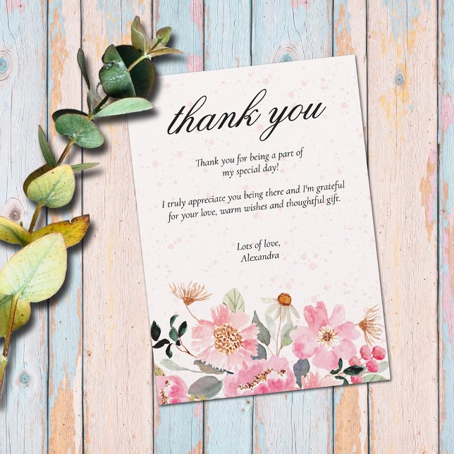 Chic Pink Garden Flowers Bridal Shower Thank You Card (Chic pink watercolor garden flowers bridal shower flat thank you cards)