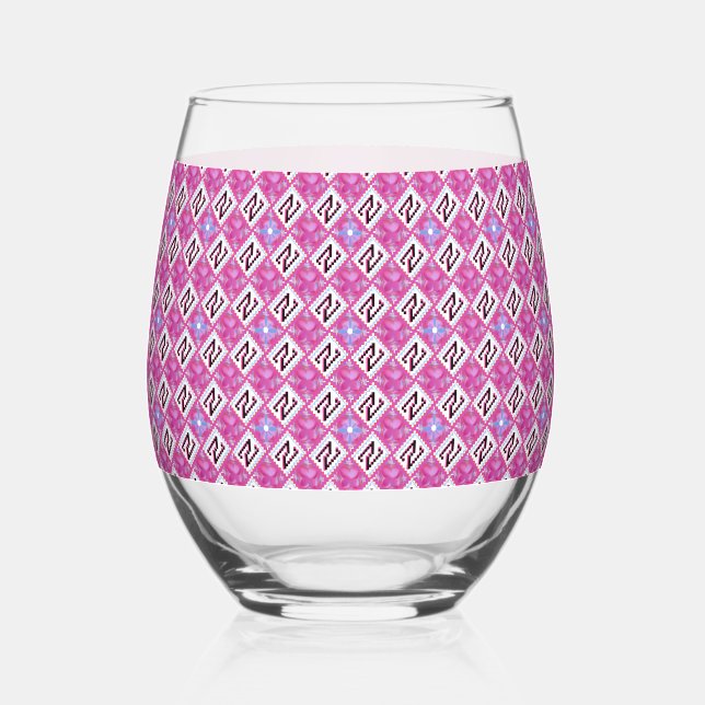 Chic Pink Geometric Alphabet N Initial Stemless Wine Glass (Front)