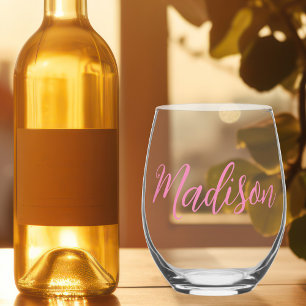 Chic Pink Girls Name Personalised Stemless Wine Glass