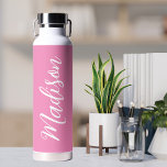 Chic Pink Girls Name White Script Personalised Water Bottle<br><div class="desc">A chic personalised pink monogram water bottle for a girl who loves simple,  handwritten gifts. Beautiful cursive script down the side of your bottle spelling out your name.</div>