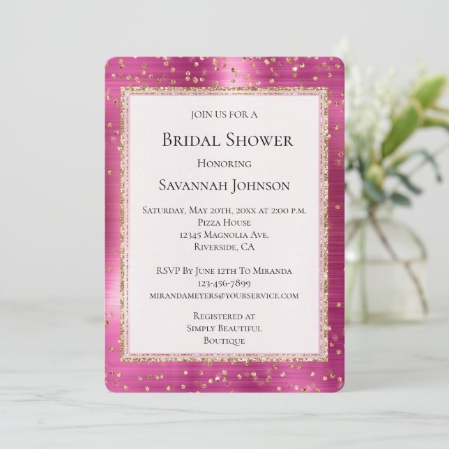 Chic Pink Glam Gold Sparkle Confetti Bridal Shower Invitation (Standing Front)