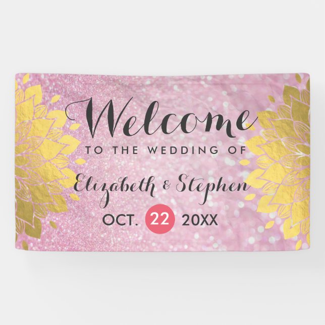 Chic Pink Glitter and Gold Floral Wedding Banner (Horizontal)