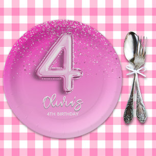 Chic Pink Glitter Balloon 4th Birthday Party Paper Plate