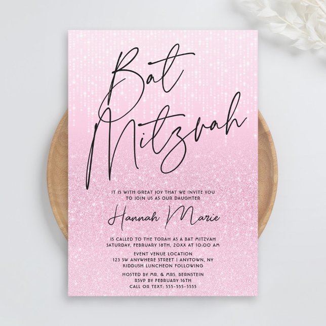 Chic Pink Glitter Bat Mitzvah Invitation (Creator Uploaded)