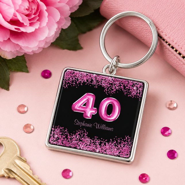 Chic Pink Glitter Black 40th Birthday  Key Ring (Add name to customize.  Please see the collection for matching items.)