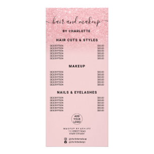 Chic pink glitter calligraphy hair makeup price rack card