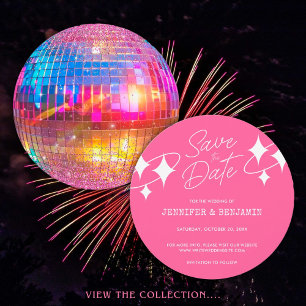 Chic Pink Glitter Disco Ball Wedding Save the Date Invitation