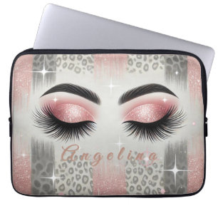 Chic Pink Glitter Eyelashes Leopard Laptop Sleeve