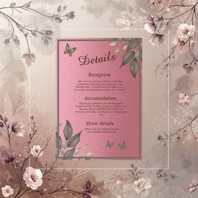 Chic Pink Glitter Foliage wedding Enclosure Card (Creator Uploaded)