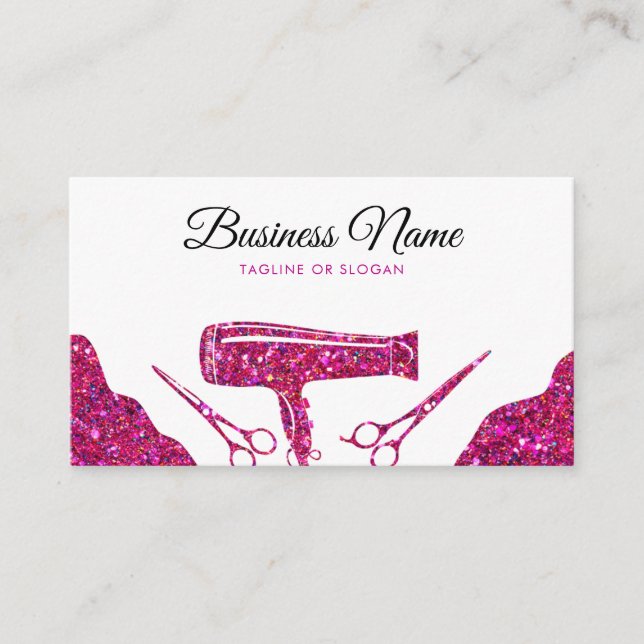Chic Pink Glitter Hair Dryer Hairdresser Appointment Card (Front)