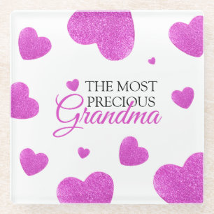 Chic Pink Glitter Hearts Grandma Glass Coaster