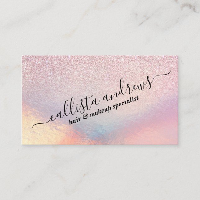Chic Pink Glitter Iridescent Holographic Gradient Business Card (Front)