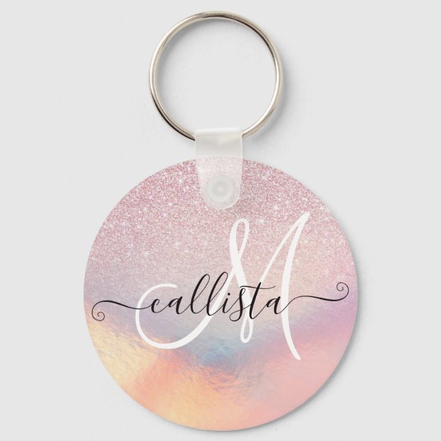Chic Pink Glitter Iridescent Holographic Gradient Key Ring (Front)