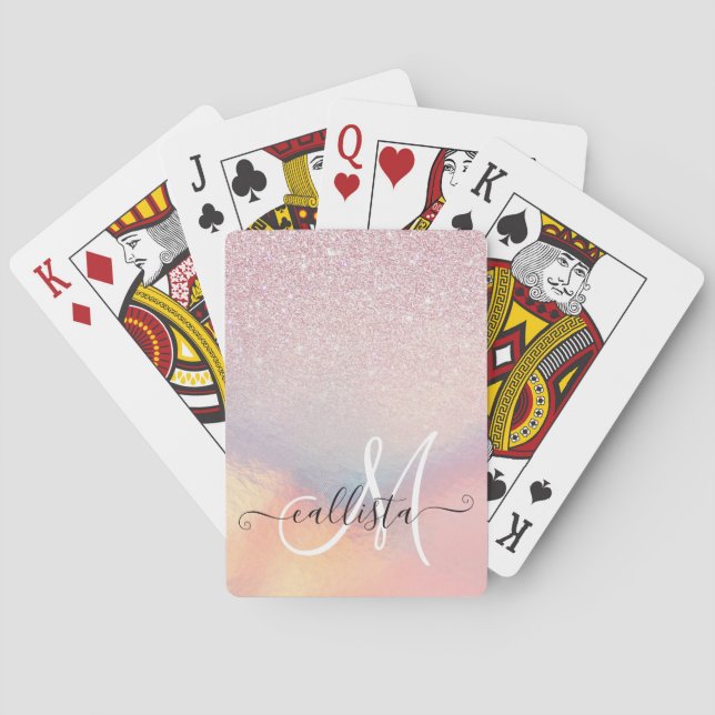 Chic Pink Glitter Iridescent Holographic Gradient Playing Cards (Back)