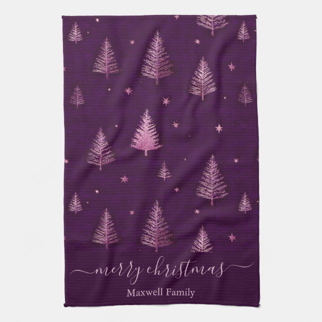 Chic pink glitter merry christmas trees name tea towel (Vertical)