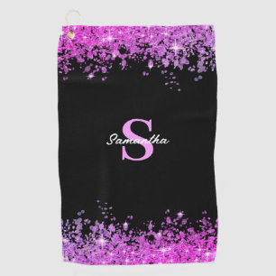 Chic Pink Glitter Monogram Name Golf Towel