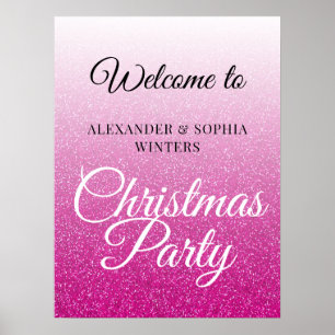 Chic Pink Glitter Ombre Christmas Party Welcome Poster