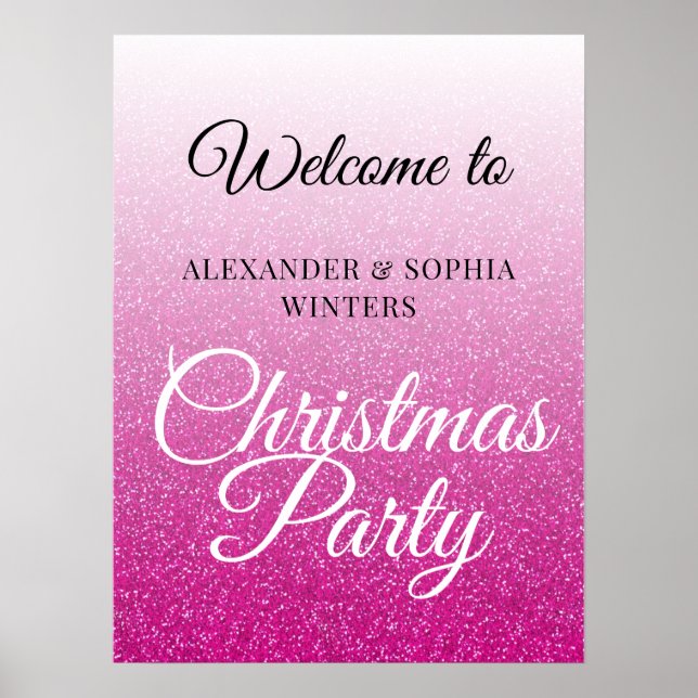 Chic Pink Glitter Ombre Christmas Party Welcome Poster (Front)