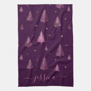 Chic pink glitter purple christmas trees name tea towel