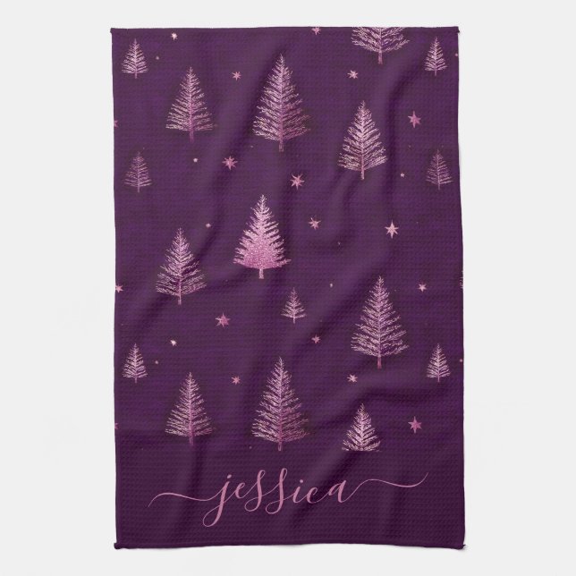 Chic pink glitter purple christmas trees name tea towel (Vertical)