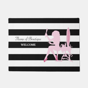 Chic Pink Glitz Girl Black Stripes Hair Boutique Doormat