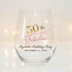 Chic Pink Gold 50th Birthday Party Favor Stemless Wine Glass