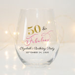Chic Pink Gold 50th Birthday Party Favour Stemless Wine Glass<br><div class="desc">Elegant 50th birthday party wine glass featuring "70 & Fabulous" showcased in chic gold,  pink and black scripts. Personalise with her name and her party date.</div>