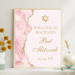 Chic Pink Gold Agate Bat Mitzvah Custom Party Poster<br><div class="desc">Chic pink and gold agate decorates the side of this elegant Bat Mitzvah party welcome poster. Your daughter's name is written in beautiful formal script under the Star of David. Perfect decor for a stylish Jewish family celebrating a girl being called to the Torah.</div>