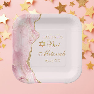 Chic Pink Gold Agate Bat Mitzvah Party Custom Paper Plate