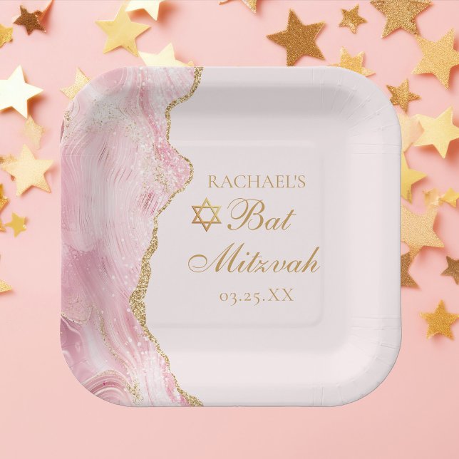 Chic Pink Gold Agate Bat Mitzvah Party Custom Paper Plate (Creator Uploaded)