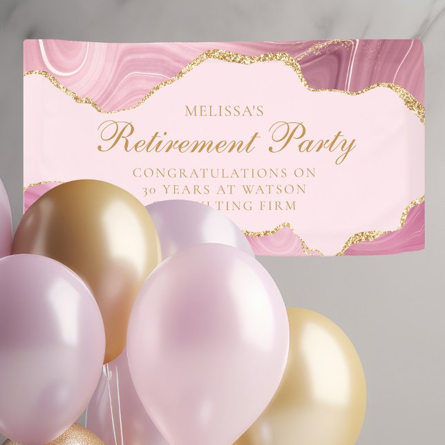 Chic Pink Gold Agate Custom Retirement Party Banner (Creator Uploaded)