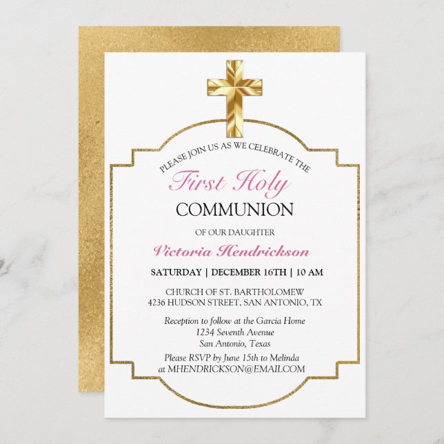 Chic Pink Gold Cross First Holy Communion  Invitation (Front/Back)