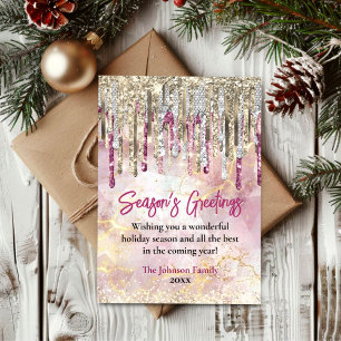Chic pink gold drips new year Christmas greeting Card