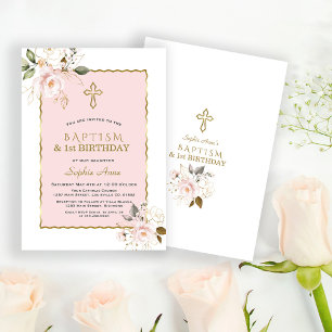 Chic Pink Gold Floral Girl 1st Birthday &  Baptism Invitation