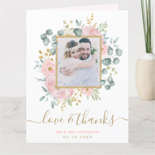 Chic Pink Gold Floral Peony Greenery Wedding Photo Thank You Card