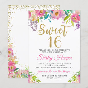 Chic Pink Gold Floral Sweet Sixteen 16 Birthday Invitation