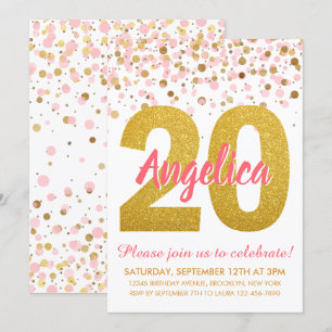 Chic Pink Gold Glitter Confetti Girl 20th Birthday Invitation