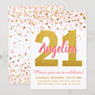 Chic Pink Gold Glitter Confetti Girl 21st Birthday Invitation