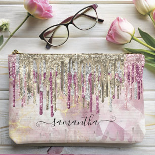 Chic pink gold glitter drips monogram accessory pouch