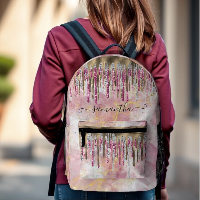 Chic pink gold glitter drips monogram accessory printed backpack (Creator Uploaded)