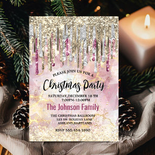 Chic pink gold glitter drips monogram Christmas  Invitation
