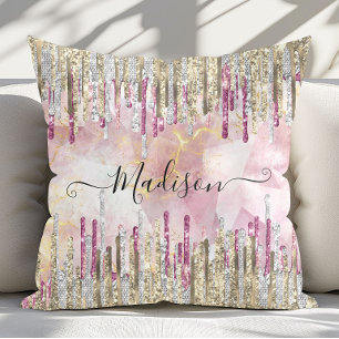 Chic pink gold glitter drips monogram cushion