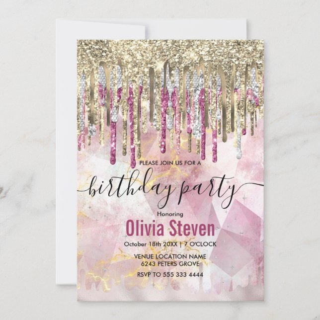 Chic pink gold glitter drips monogram invitation (Front)